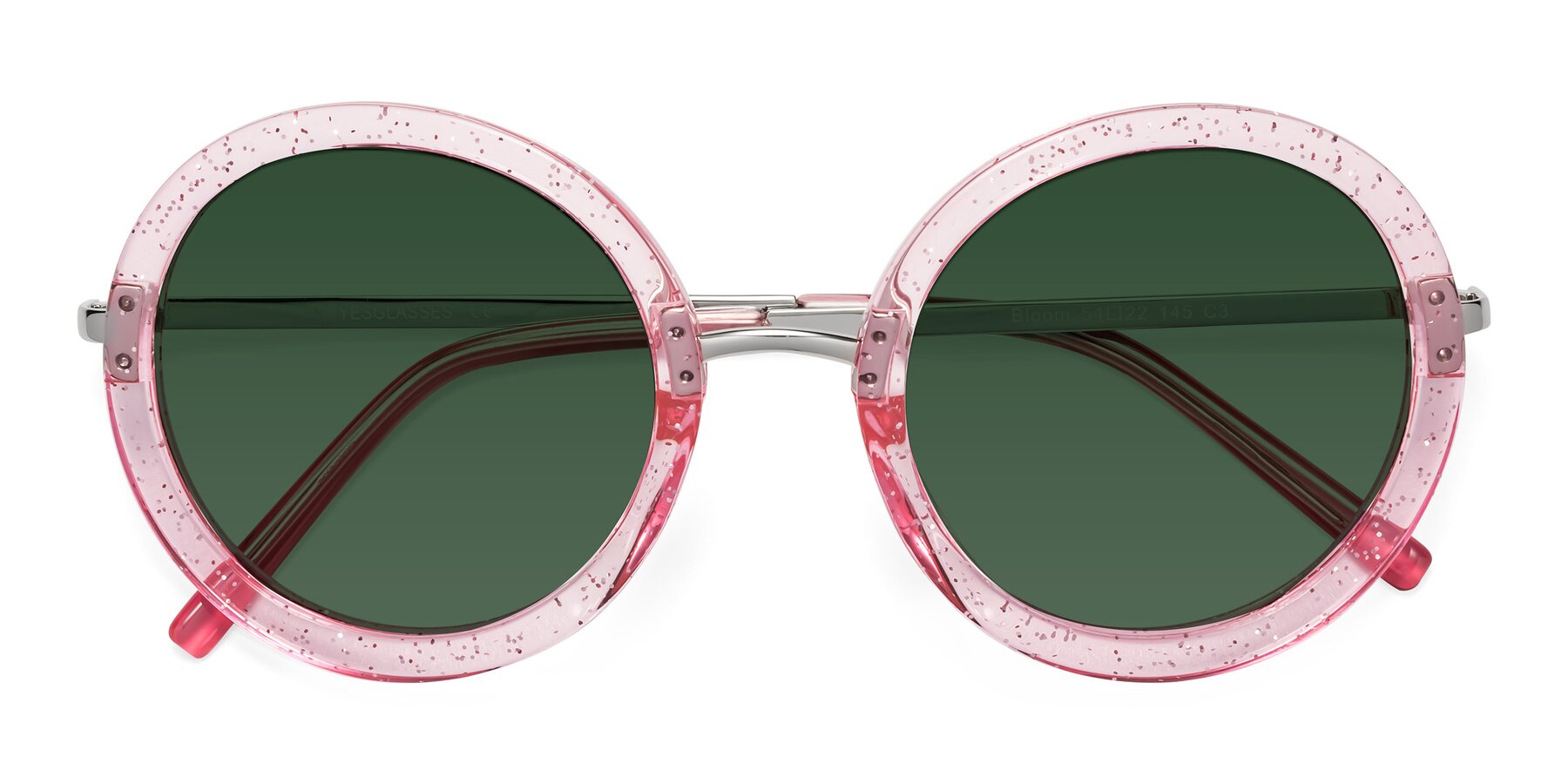 Folded Front of Bloom in Transparent Pearl Pink with Green Tinted Lenses