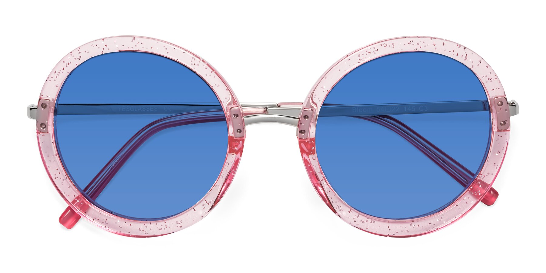 Folded Front of Bloom in Transparent Pearl Pink with Blue Tinted Lenses