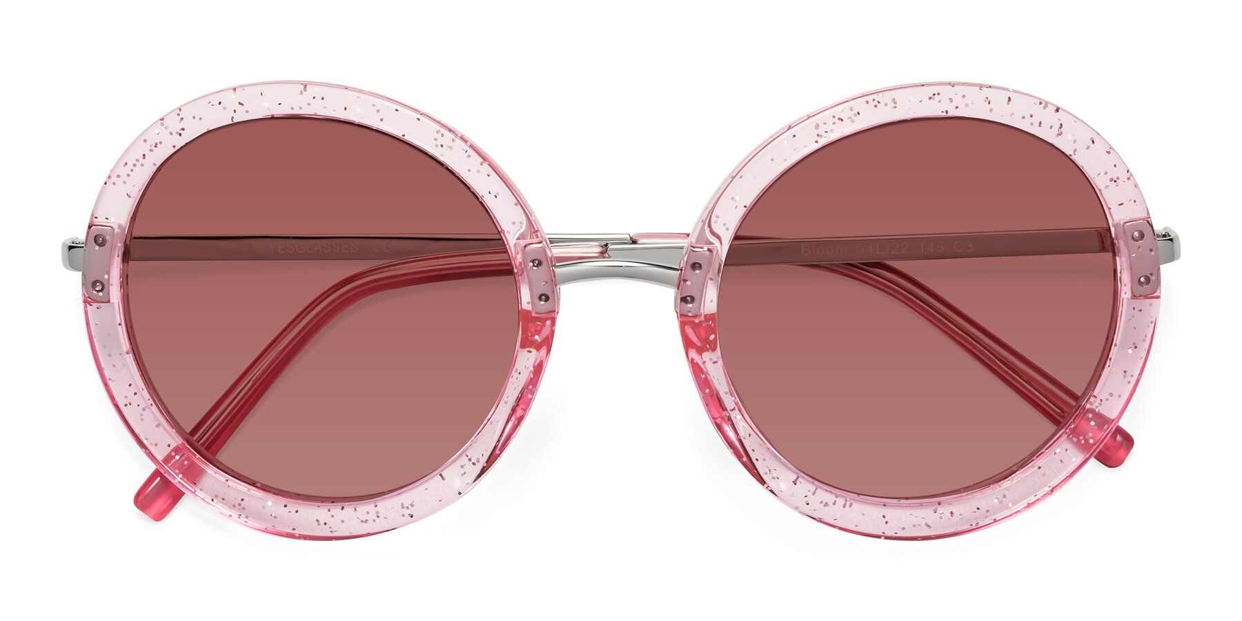 Folded Front of Bloom in Transparent Pearl Pink with Garnet Tinted Lenses