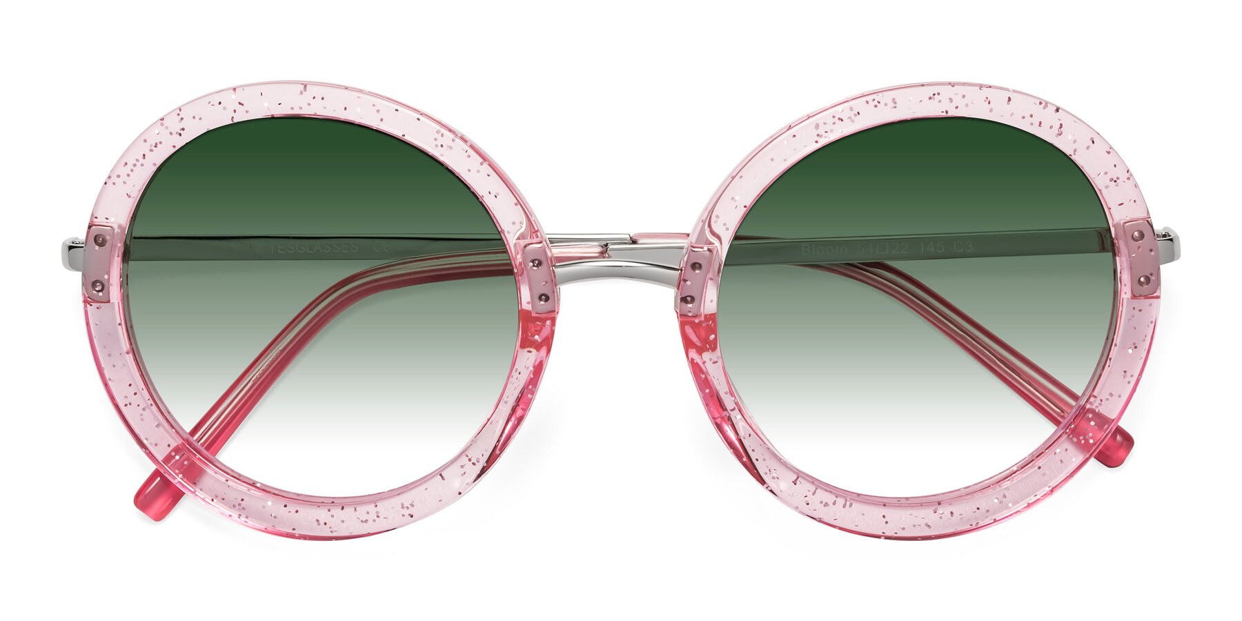 Folded Front of Bloom in Transparent Pearl Pink with Green Gradient Lenses