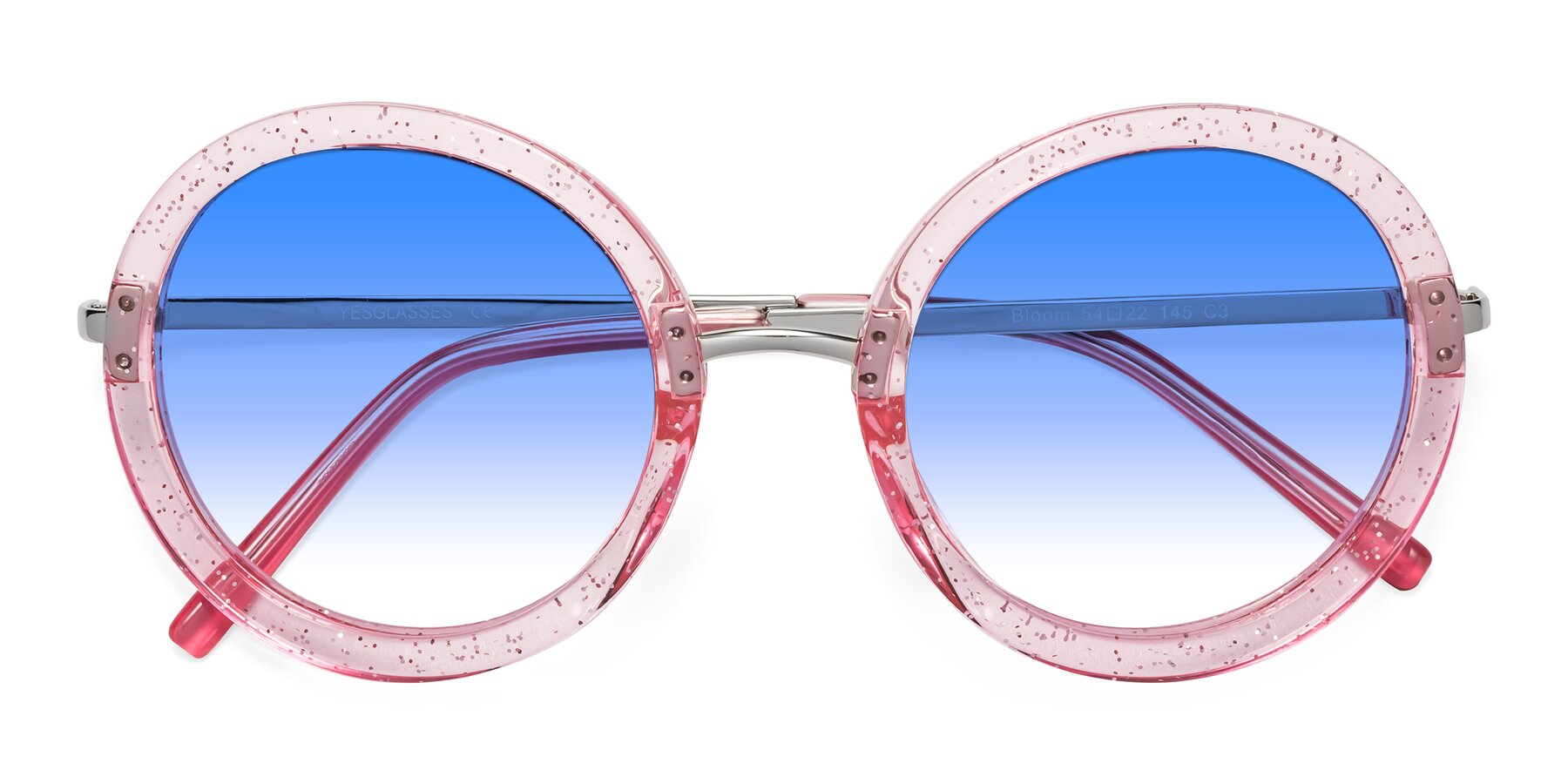 Folded Front of Bloom in Transparent Pearl Pink with Blue Gradient Lenses