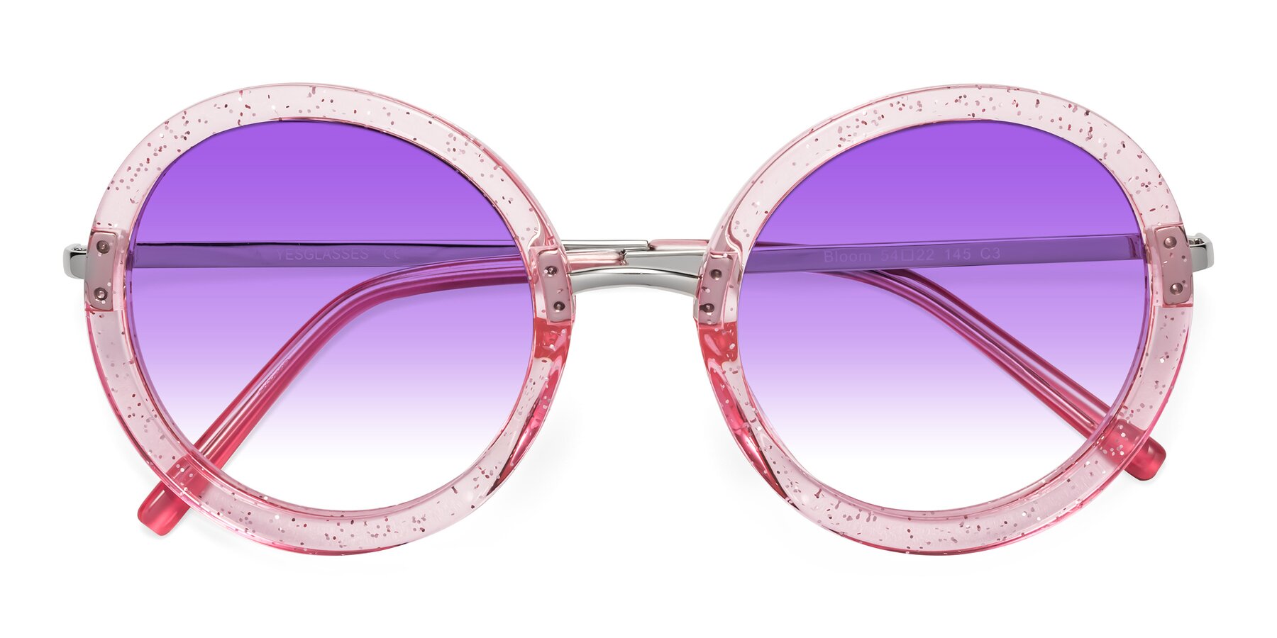 Folded Front of Bloom in Transparent Pearl Pink with Purple Gradient Lenses