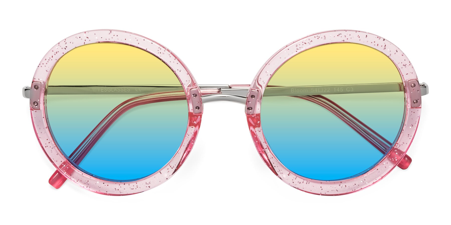 Folded Front of Bloom in Transparent Pearl Pink with Yellow / Blue Gradient Lenses