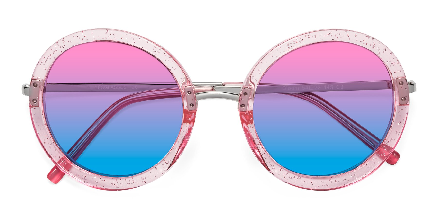 Folded Front of Bloom in Transparent Pearl Pink with Pink / Blue Gradient Lenses