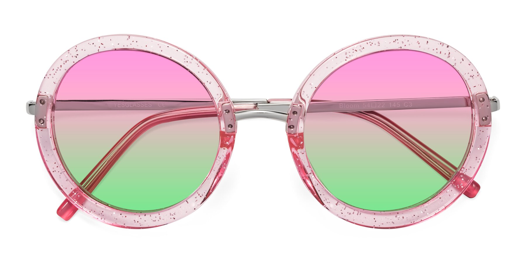 Folded Front of Bloom in Transparent Pearl Pink with Pink / Green Gradient Lenses