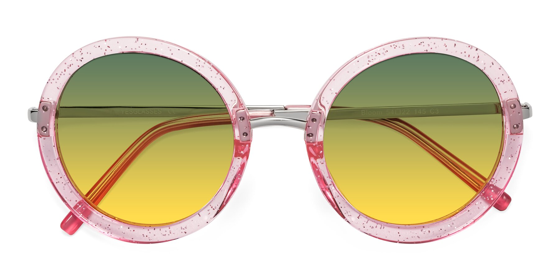 Folded Front of Bloom in Transparent Pearl Pink with Green / Yellow Gradient Lenses