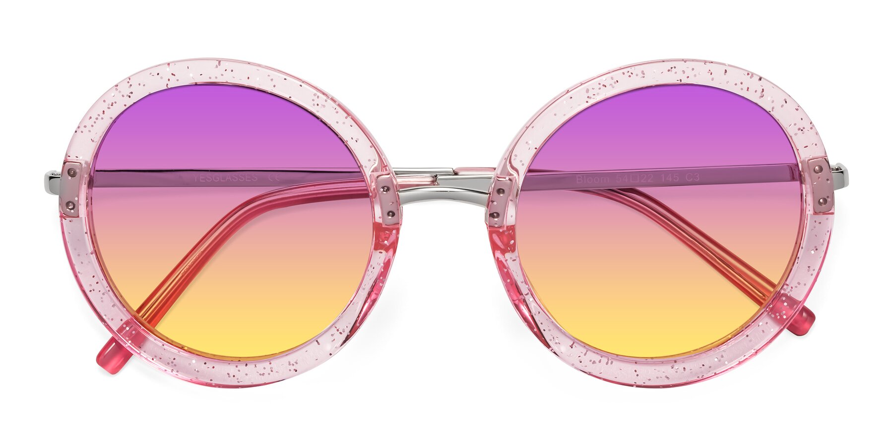 Folded Front of Bloom in Transparent Pearl Pink with Purple / Yellow Gradient Lenses