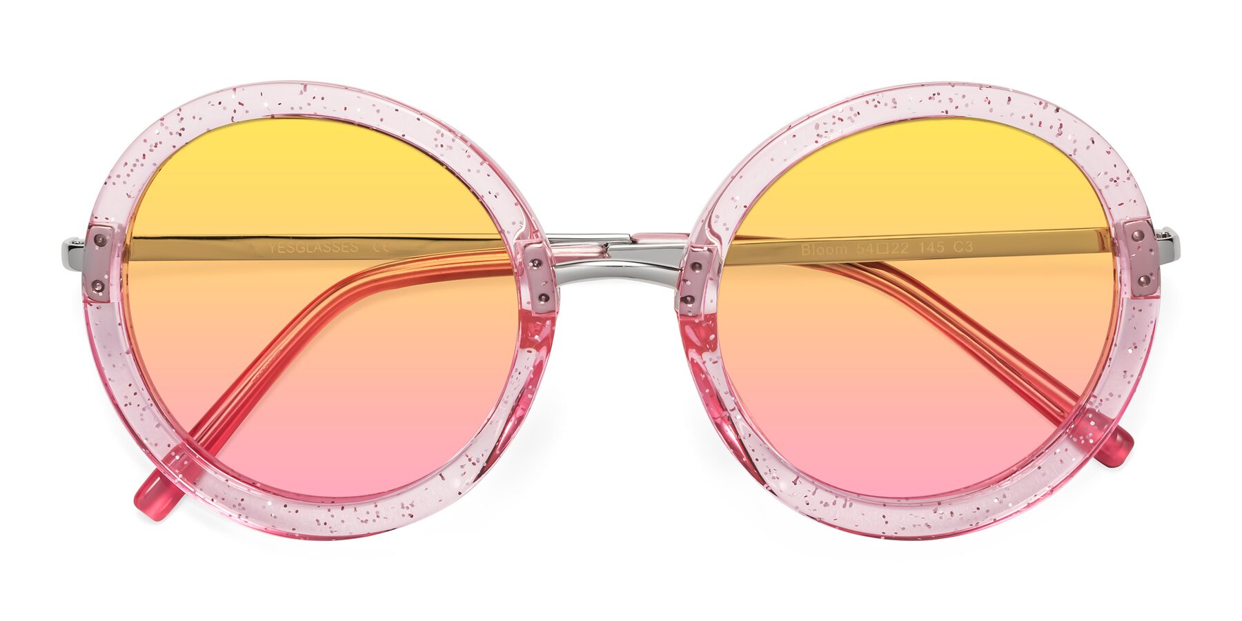 Folded Front of Bloom in Transparent Pearl Pink with Yellow / Pink Gradient Lenses