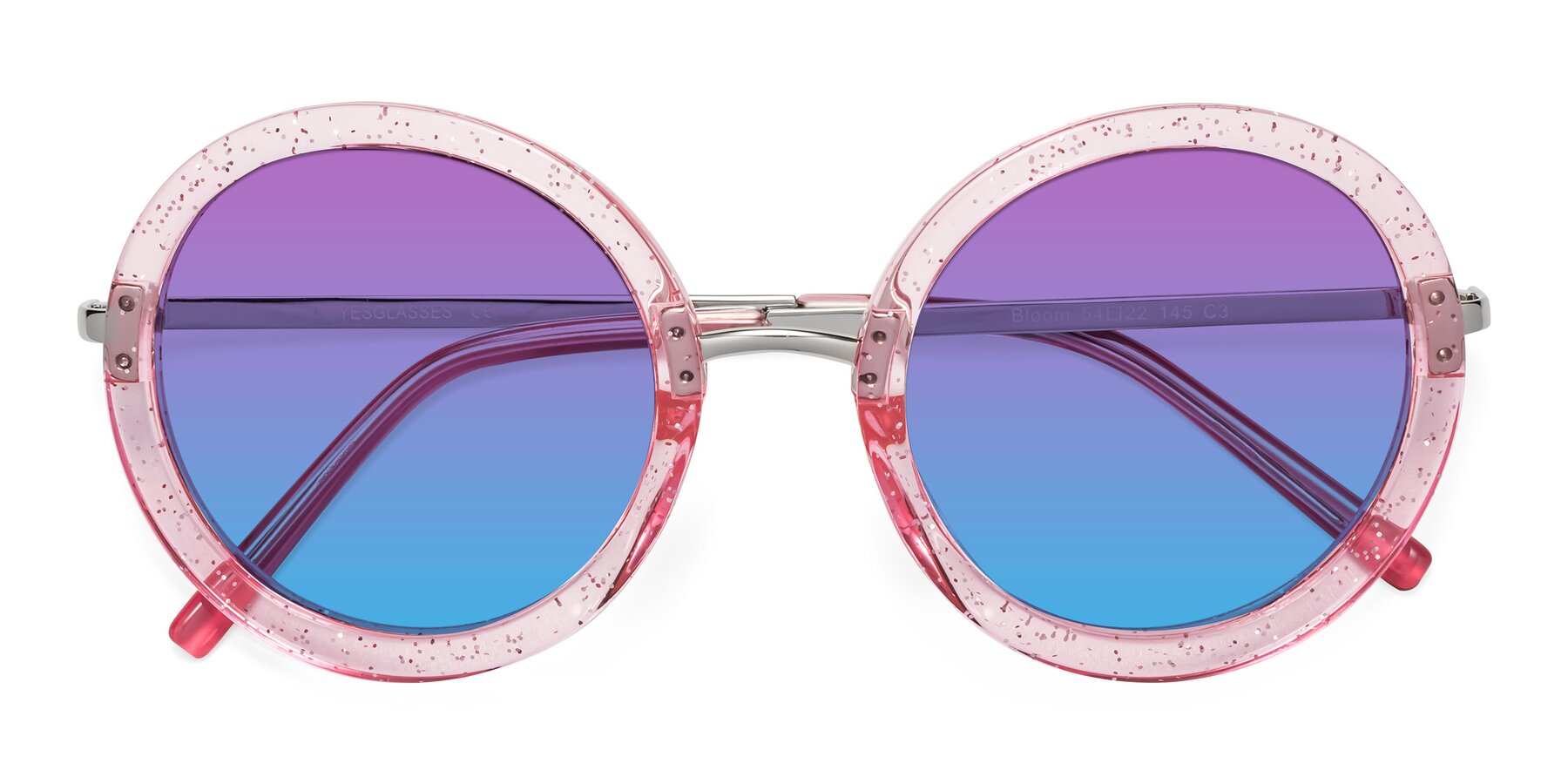 Folded Front of Bloom in Transparent Pearl Pink with Purple / Blue Gradient Lenses