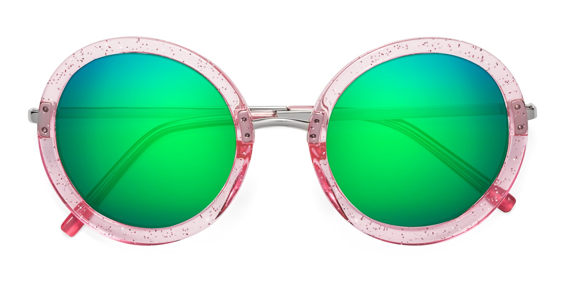 Folded Front of Bloom in Transparent Pearl Pink with Green Mirrored Lenses