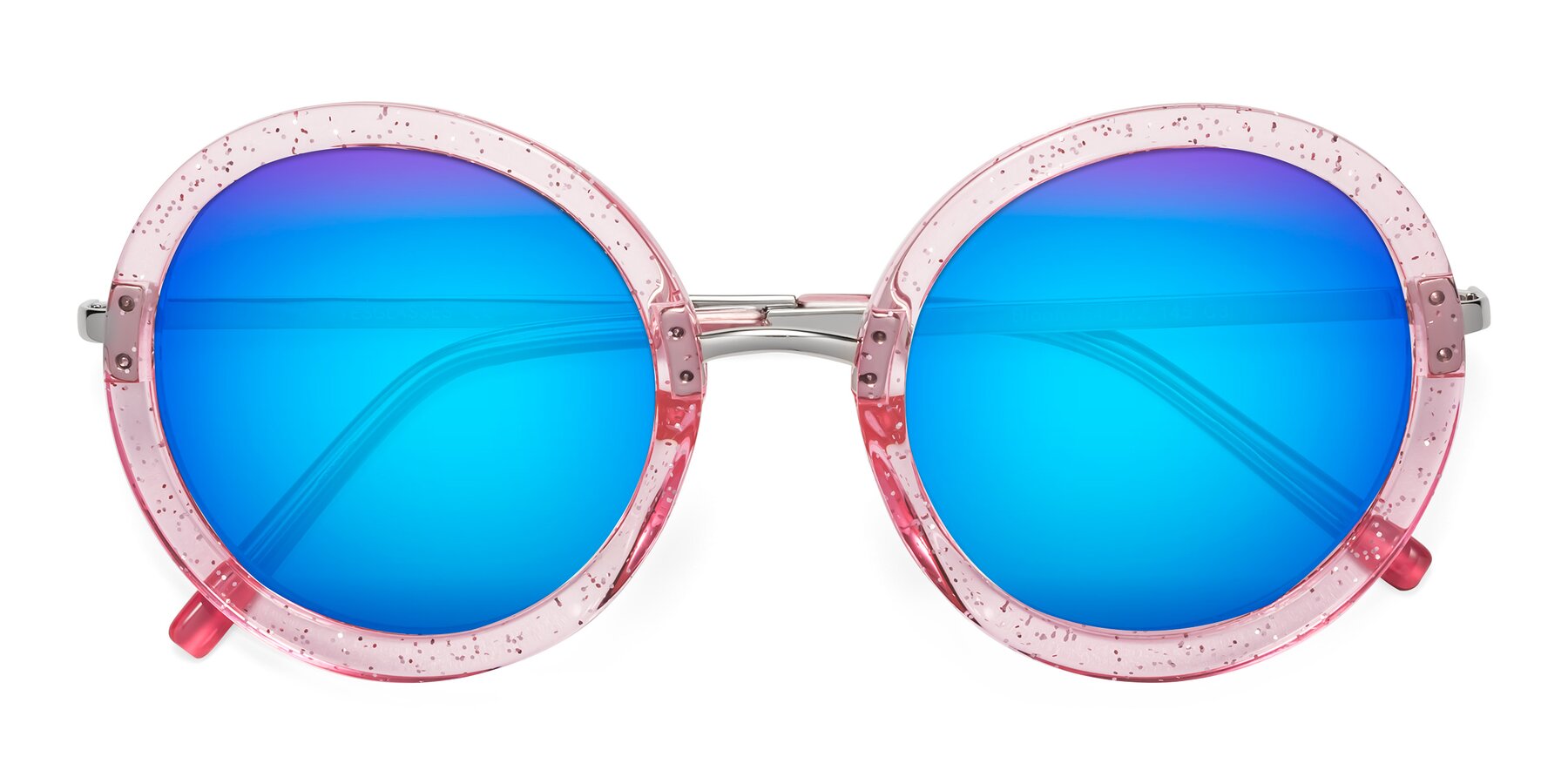 Folded Front of Bloom in Transparent Pearl Pink with Blue Mirrored Lenses