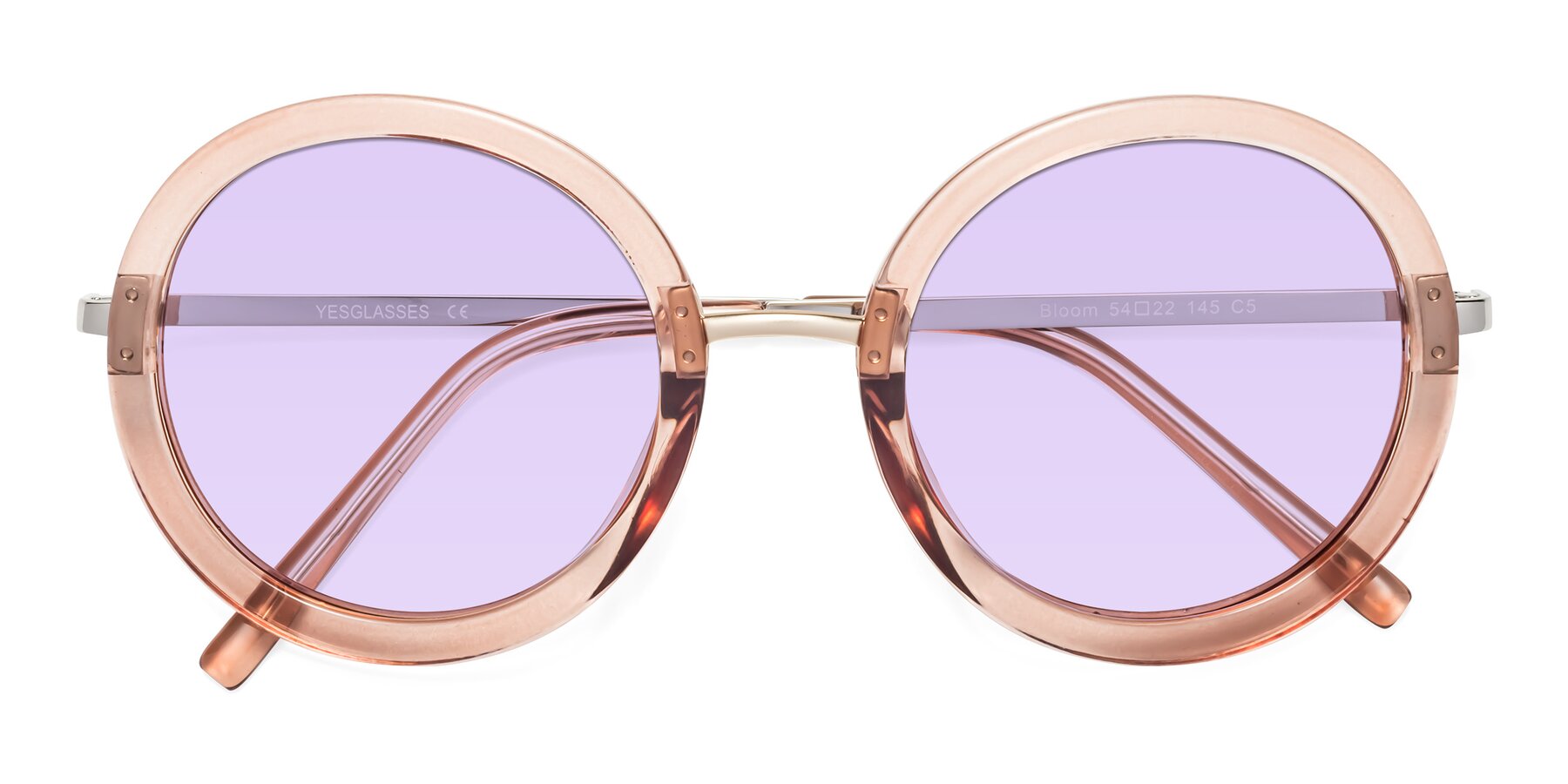 Folded Front of Bloom in Caramel with Light Purple Tinted Lenses