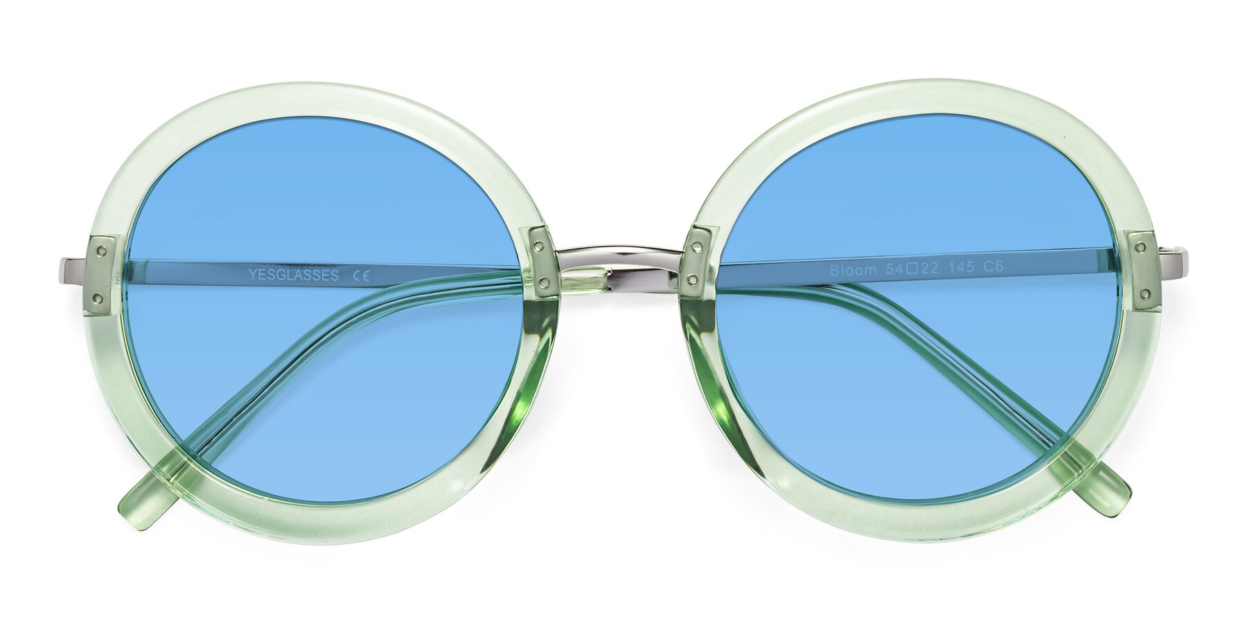 Folded Front of Bloom in Mint Green with Medium Blue Tinted Lenses