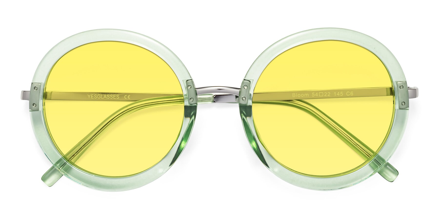 Folded Front of Bloom in Mint Green with Medium Yellow Tinted Lenses