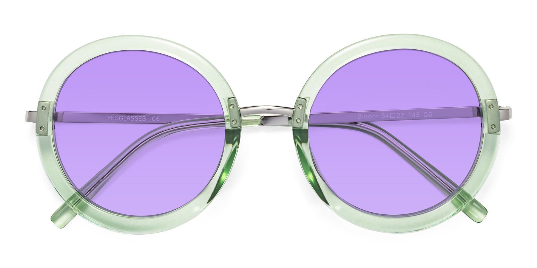 Folded Front of Bloom in Mint Green with Medium Purple Tinted Lenses