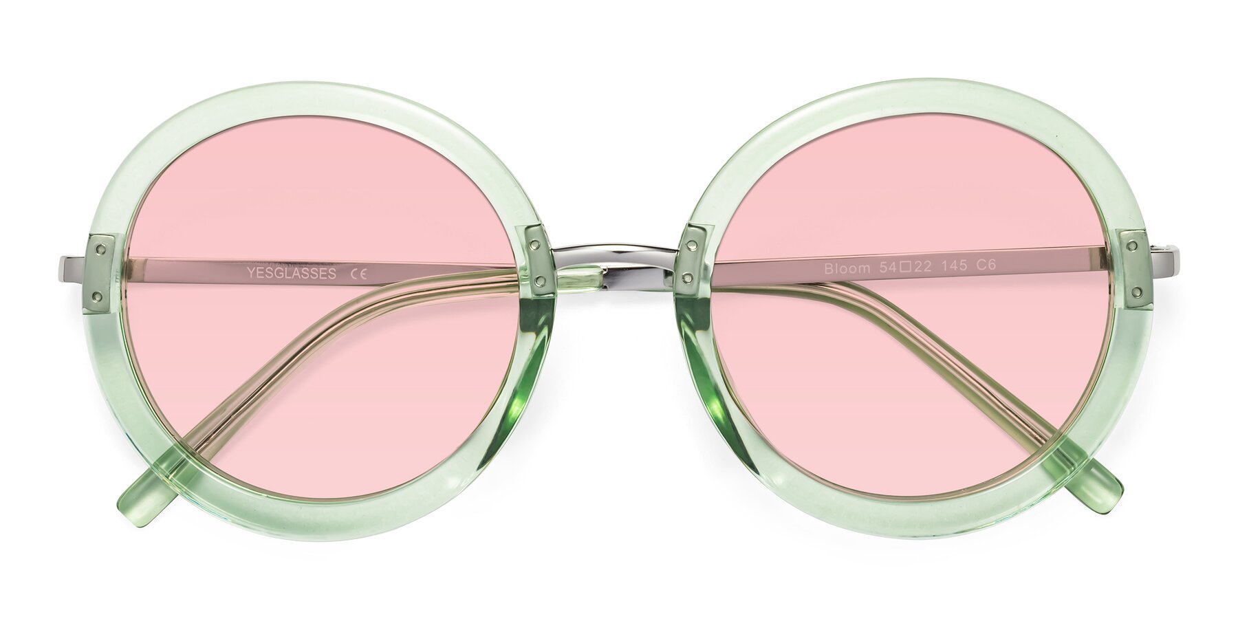 Folded Front of Bloom in Mint Green with Light Garnet Tinted Lenses