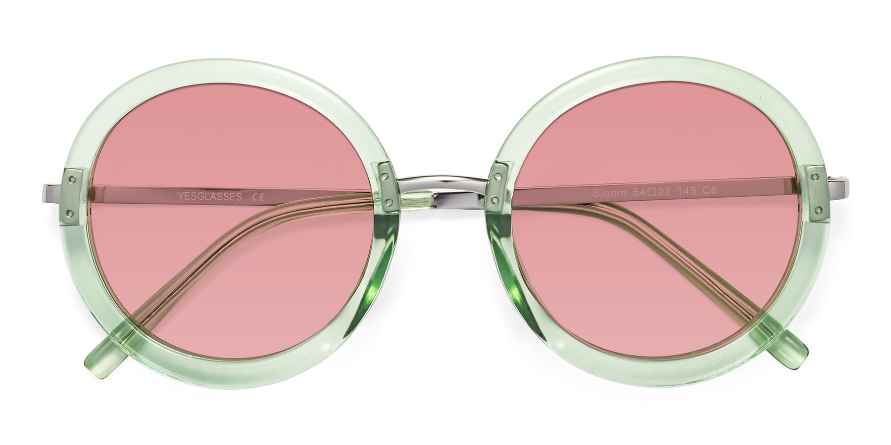 Folded Front of Bloom in Mint Green with Medium Garnet Tinted Lenses