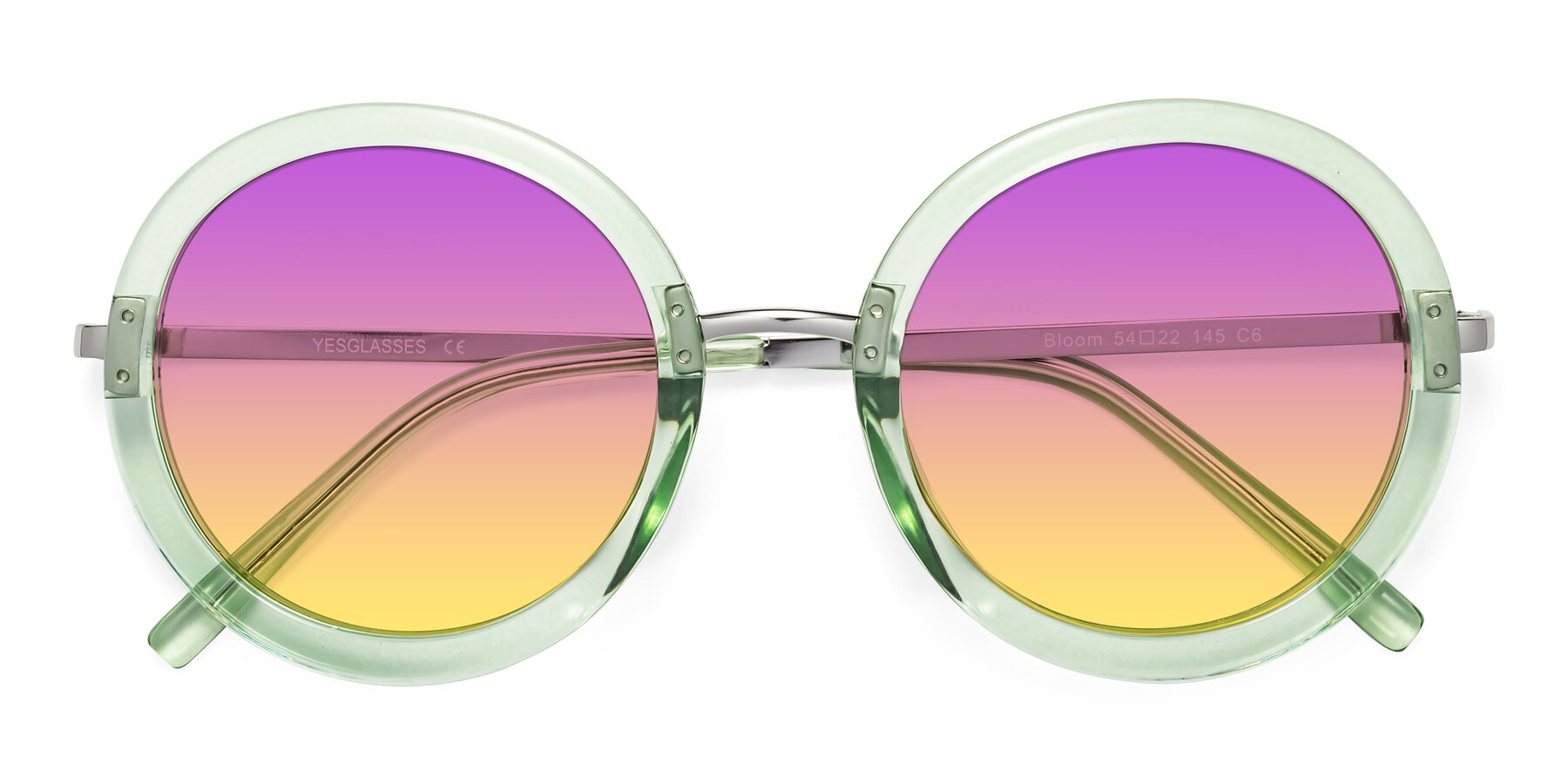 Folded Front of Bloom in Mint Green with Purple / Yellow Gradient Lenses