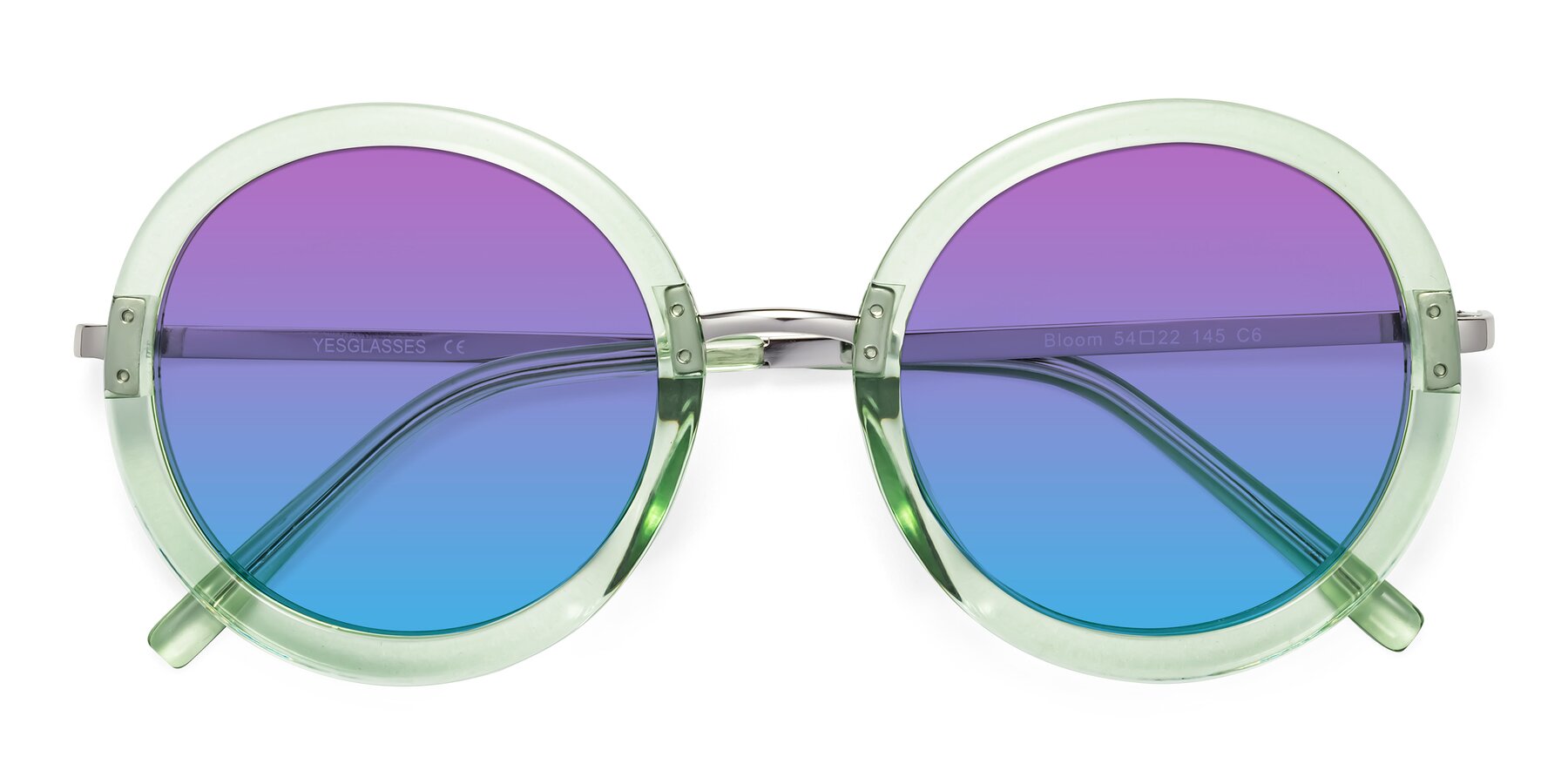 Folded Front of Bloom in Mint Green with Purple / Blue Gradient Lenses
