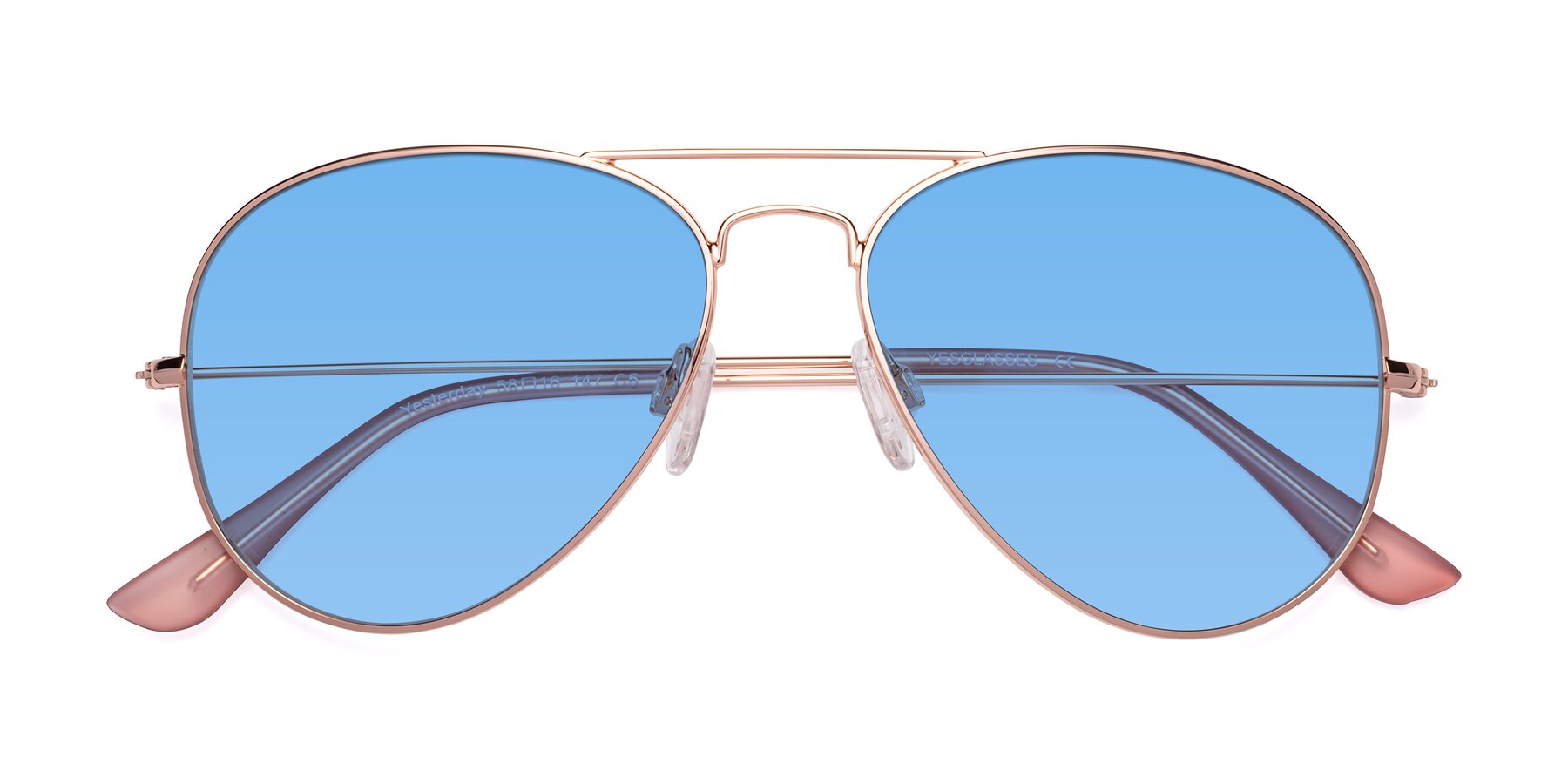 Folded Front of Yesterday in Rose Gold with Medium Blue Tinted Lenses