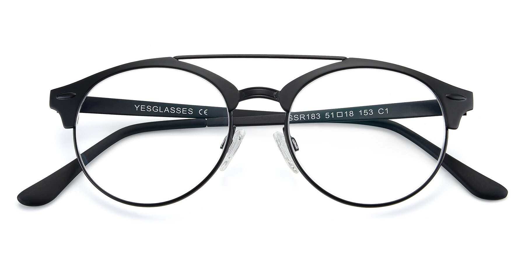 Folded Front of SSR183 in Black with Clear Reading Eyeglass Lenses