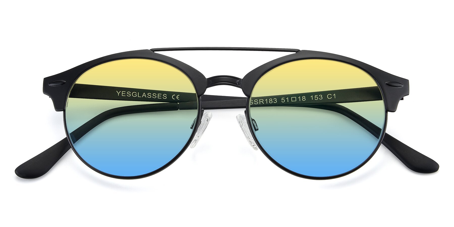 Folded Front of SSR183 in Black with Yellow / Blue Gradient Lenses