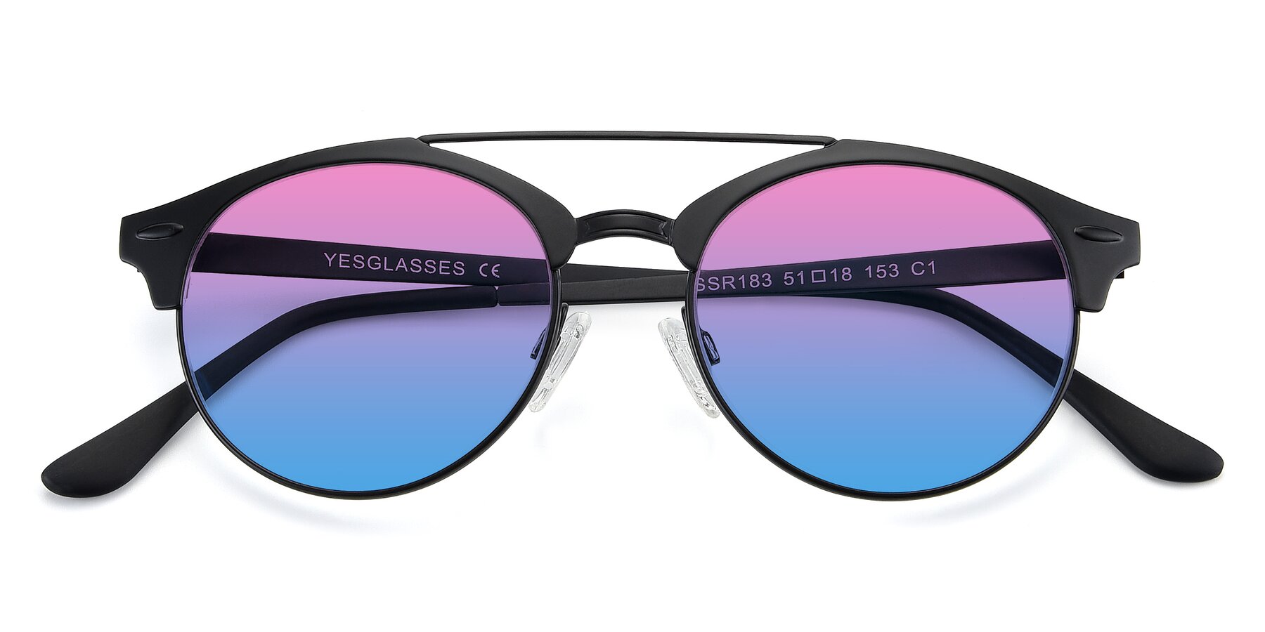 Folded Front of SSR183 in Black with Pink / Blue Gradient Lenses