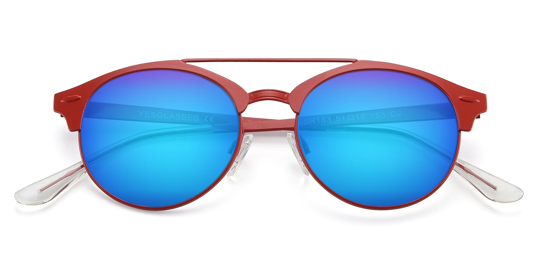 Folded Front of SSR183 in Red with Blue Mirrored Lenses