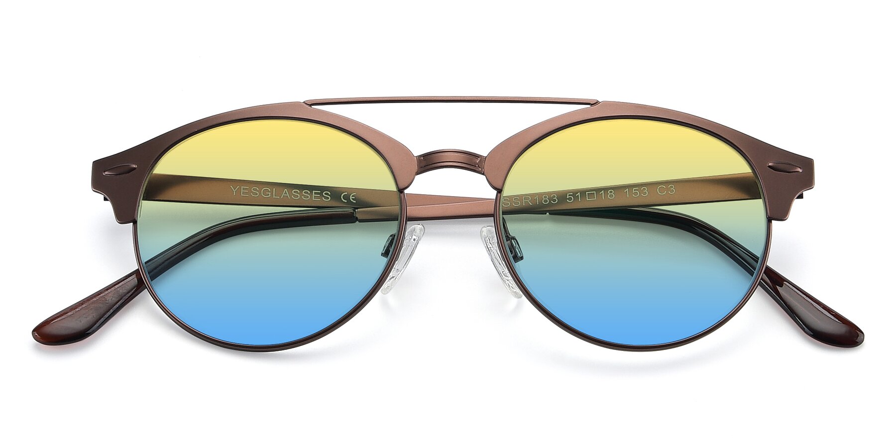 Folded Front of SSR183 in Chocolate with Yellow / Blue Gradient Lenses