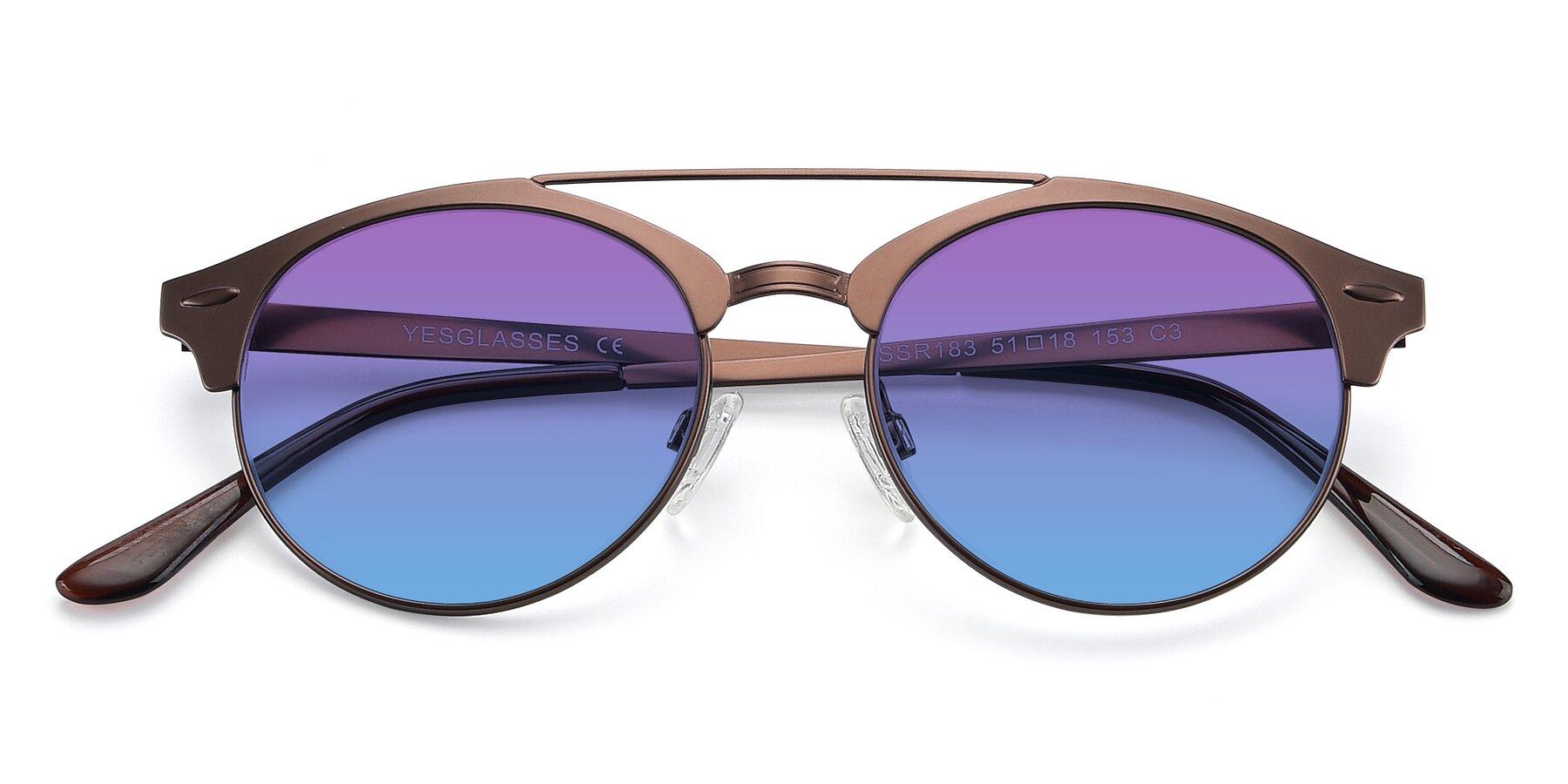 Folded Front of SSR183 in Chocolate with Purple / Blue Gradient Lenses