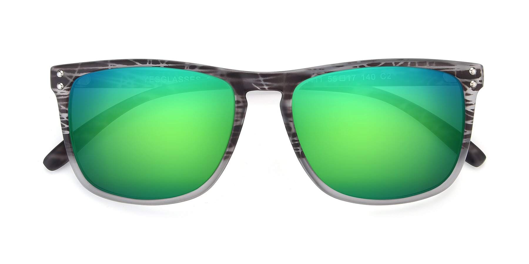 Folded Front of SSR411 in Translucent Floral Grey with Green Mirrored Lenses