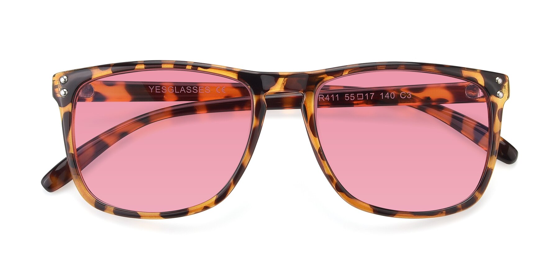 Folded Front of SSR411 in Translucent Orange Tortoise with Pink Tinted Lenses