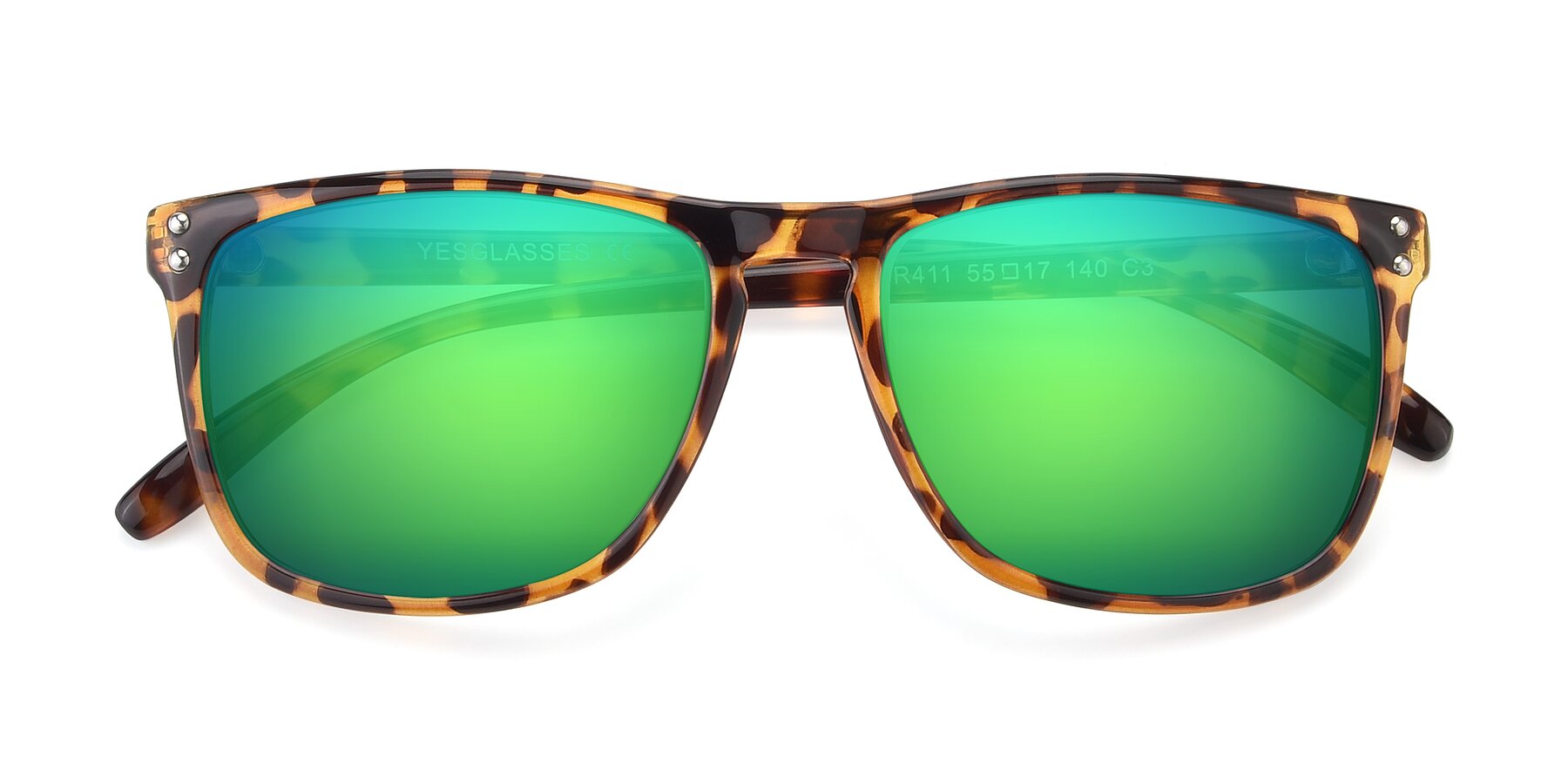Folded Front of SSR411 in Translucent Orange Tortoise with Green Mirrored Lenses