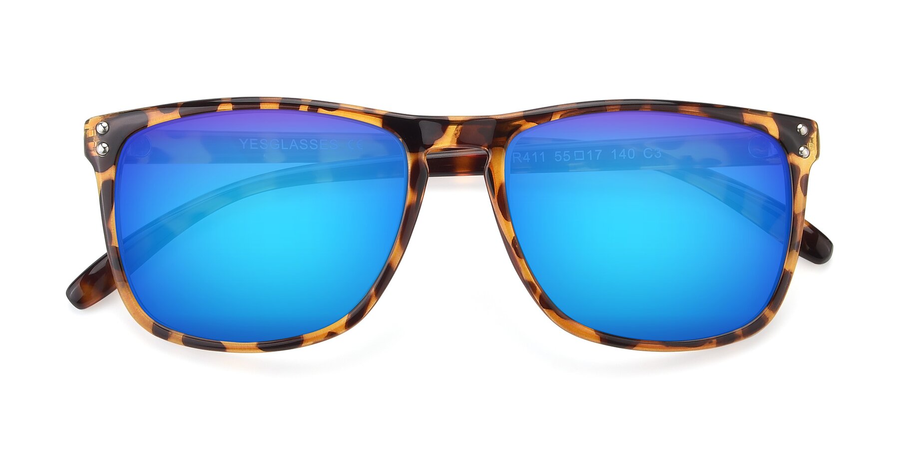 Folded Front of SSR411 in Translucent Orange Tortoise with Blue Mirrored Lenses