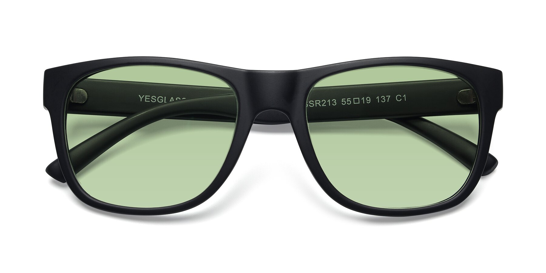 Folded Front of SSR213 in Matte Black with Medium Green Tinted Lenses