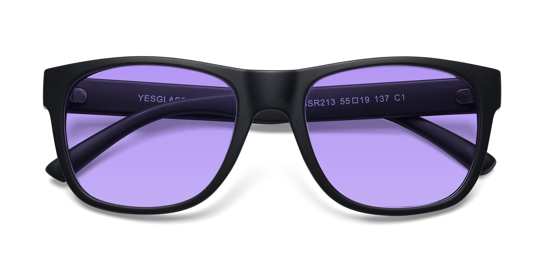Folded Front of SSR213 in Matte Black with Medium Purple Tinted Lenses
