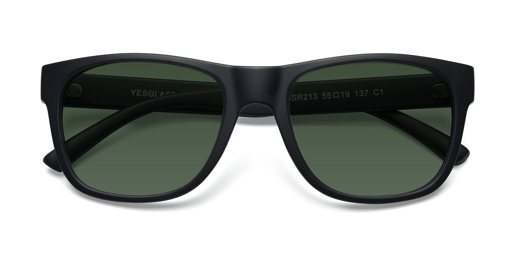 Folded Front of SSR213 in Matte Black with Green Tinted Lenses