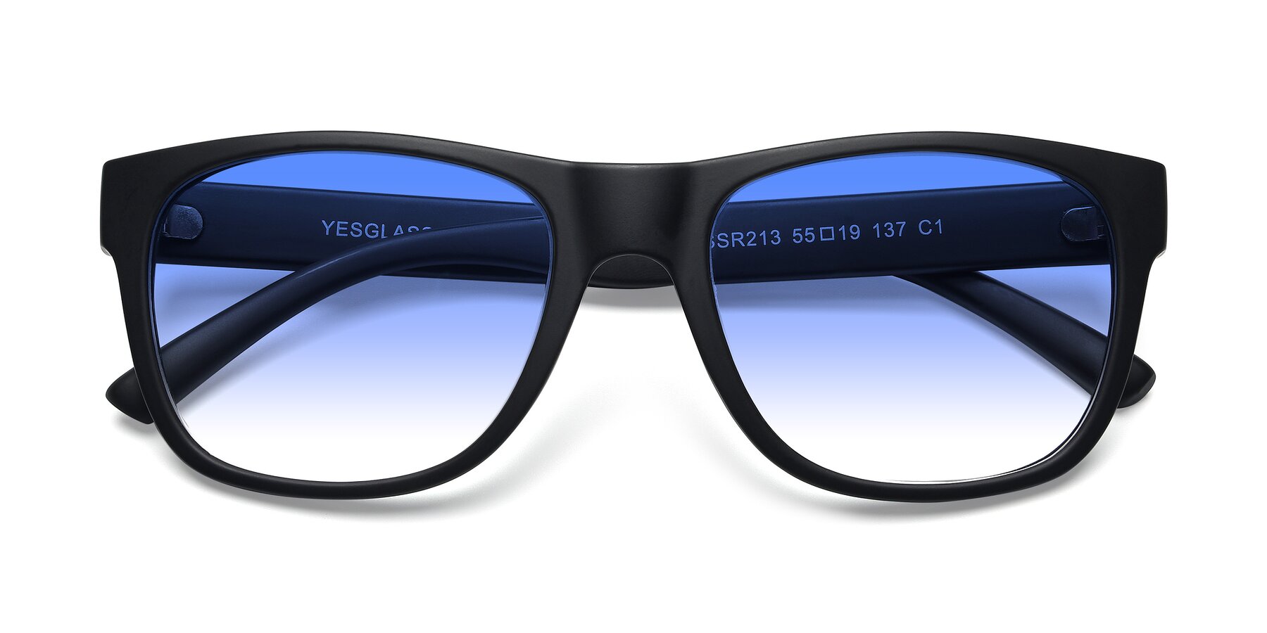 Folded Front of SSR213 in Matte Black with Blue Gradient Lenses
