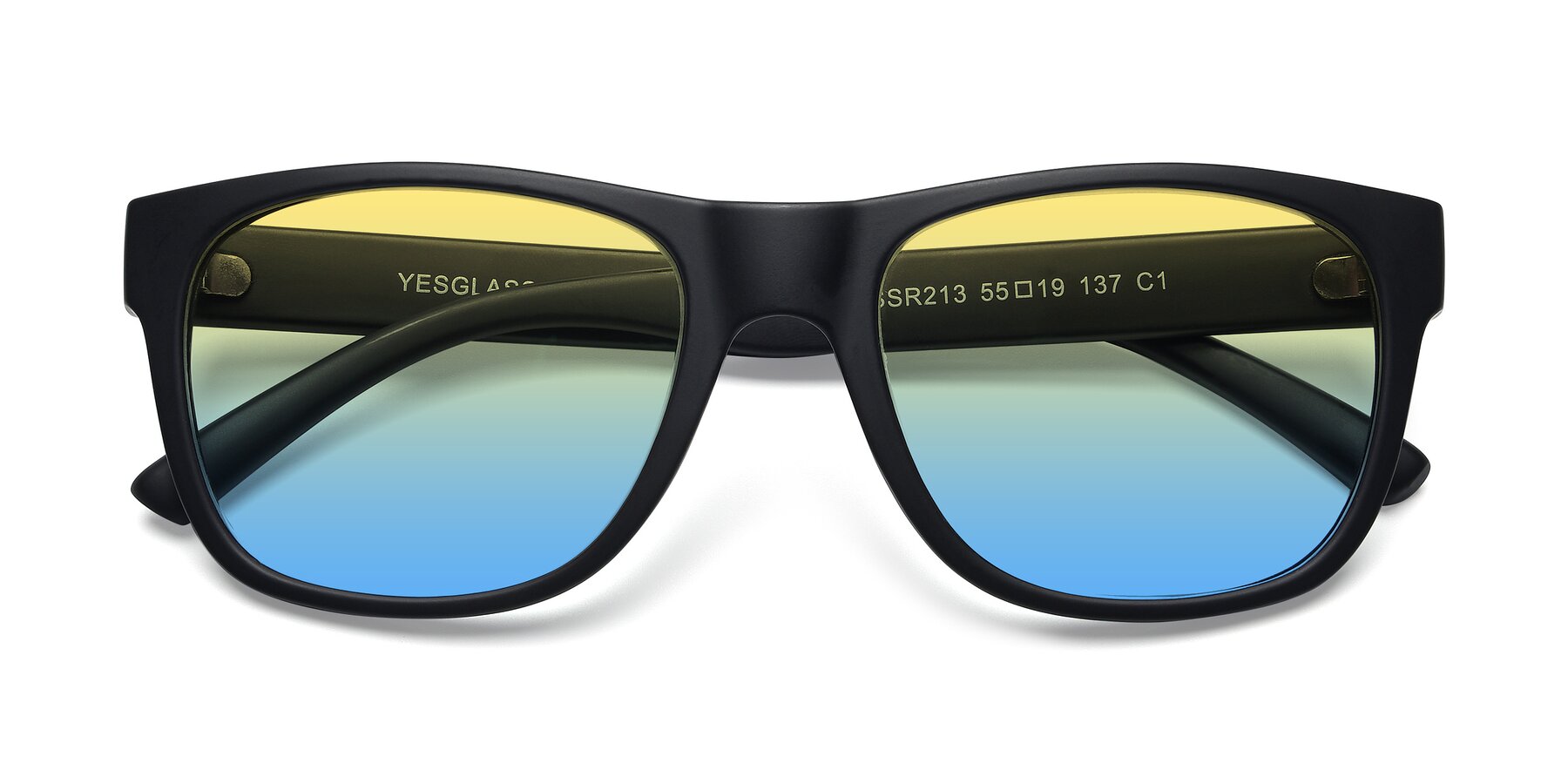 Folded Front of SSR213 in Matte Black with Yellow / Blue Gradient Lenses