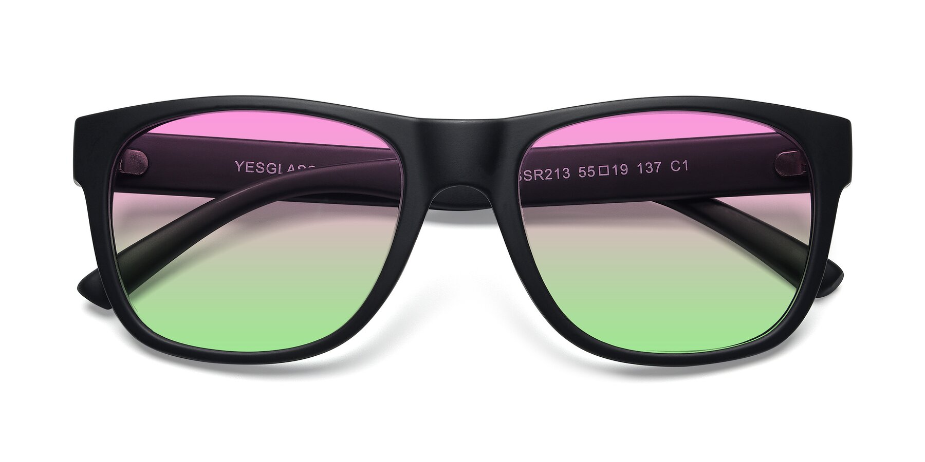 Folded Front of SSR213 in Matte Black with Pink / Green Gradient Lenses