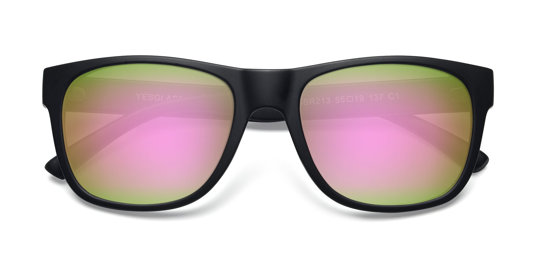 Folded Front of SSR213 in Matte Black with Pink Mirrored Lenses