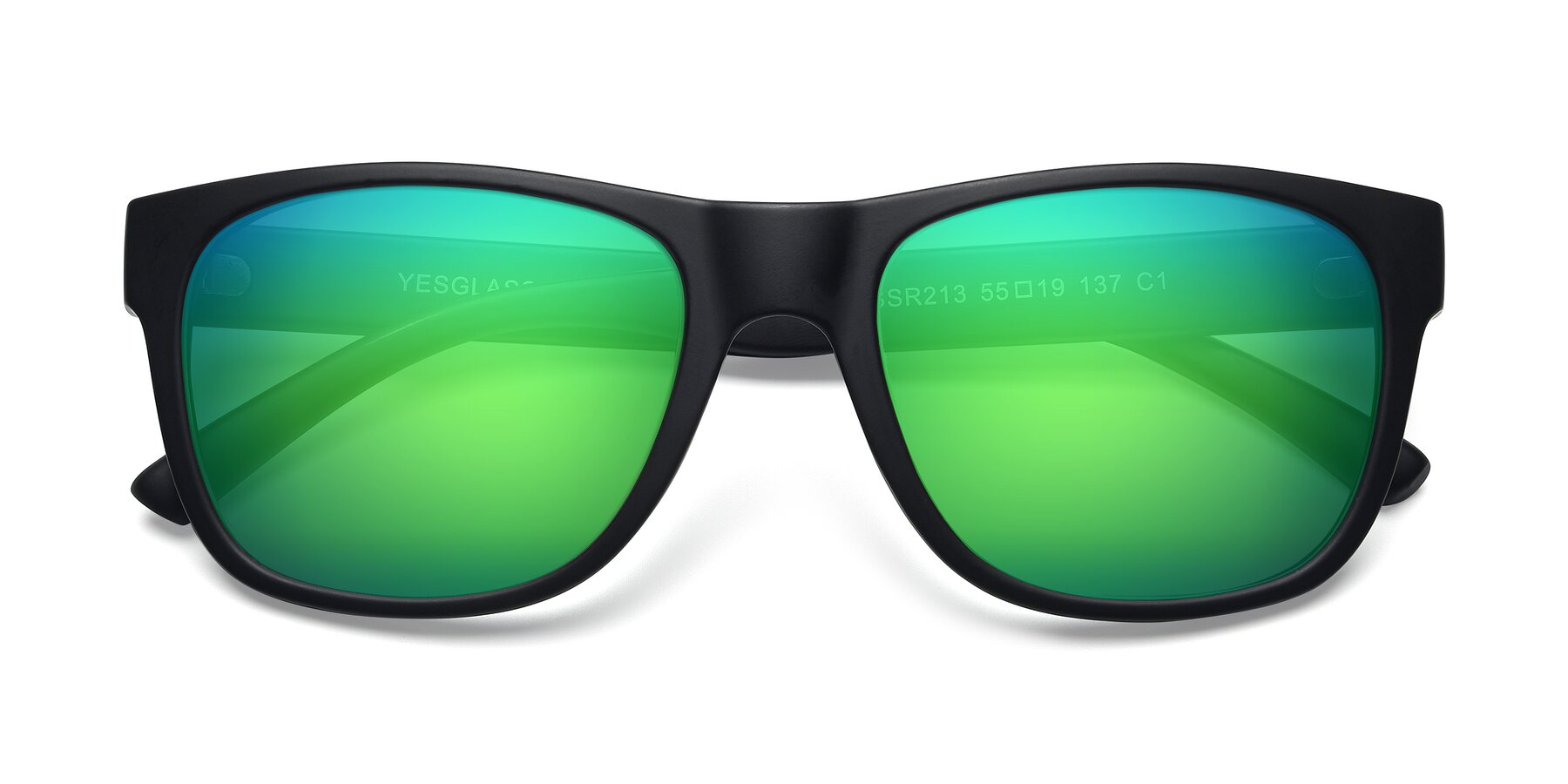Folded Front of SSR213 in Matte Black with Green Mirrored Lenses