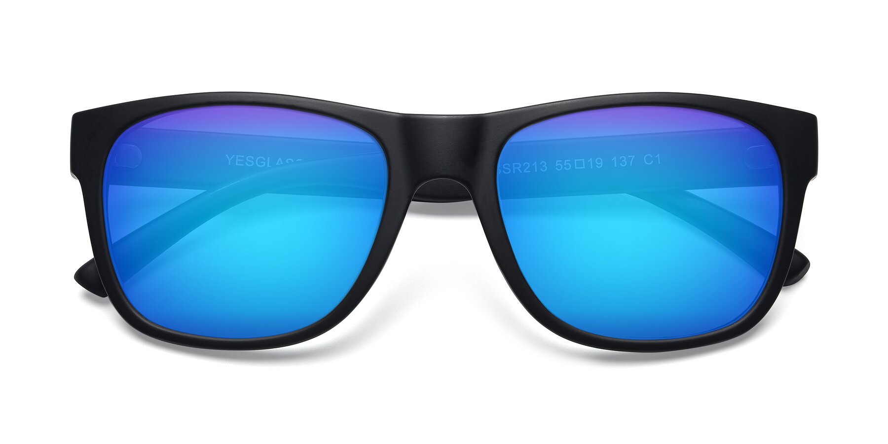 Folded Front of SSR213 in Matte Black with Blue Mirrored Lenses