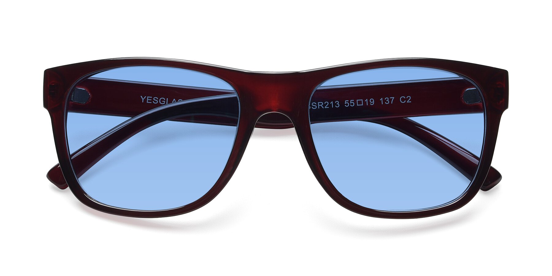 Folded Front of SSR213 in Wine with Medium Blue Tinted Lenses