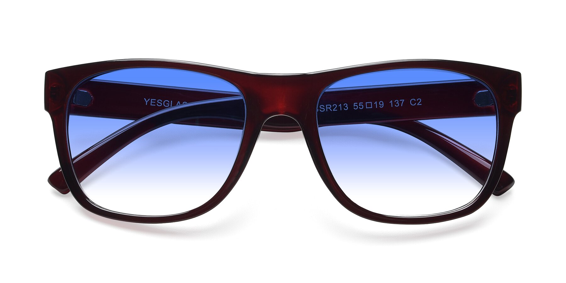 Folded Front of SSR213 in Wine with Blue Gradient Lenses