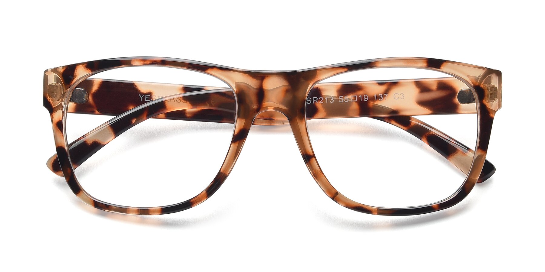 Folded Front of SSR213 in Translucent Tortoise with Clear Reading Eyeglass Lenses