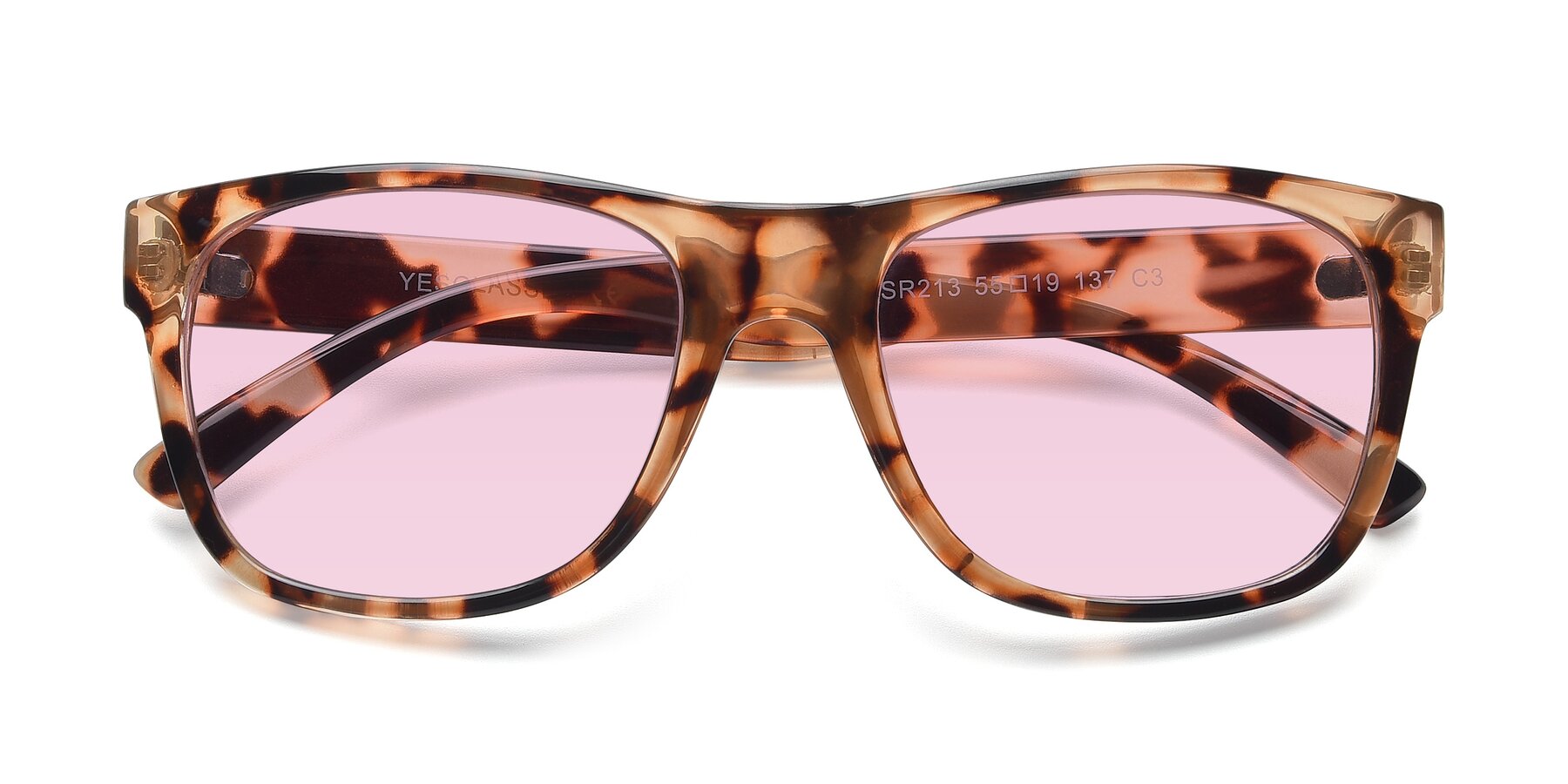 Folded Front of SSR213 in Translucent Tortoise with Light Pink Tinted Lenses
