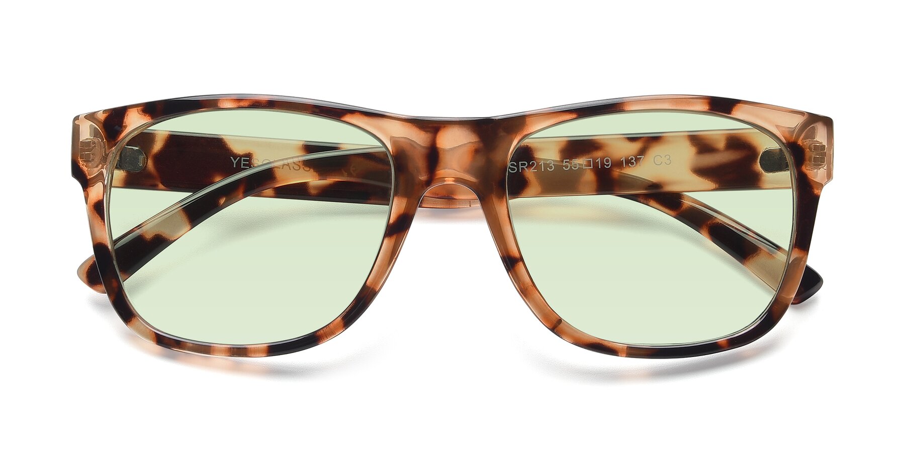 Folded Front of SSR213 in Translucent Tortoise with Light Green Tinted Lenses