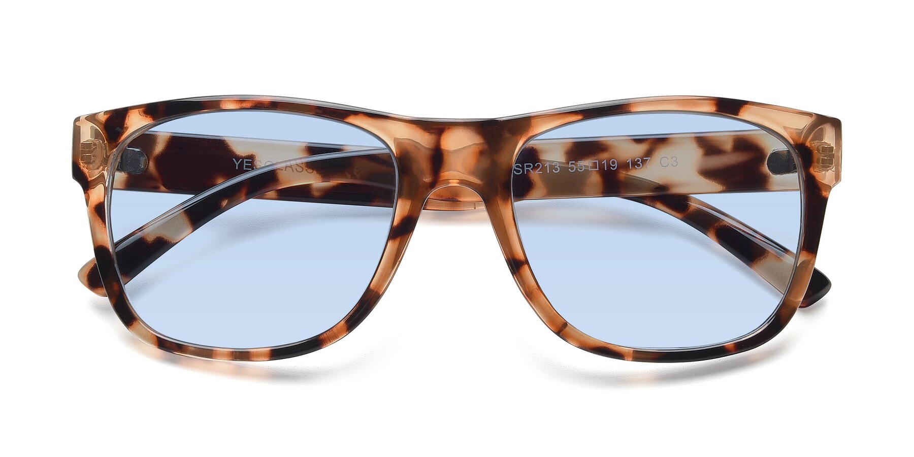 Folded Front of SSR213 in Translucent Tortoise with Light Blue Tinted Lenses