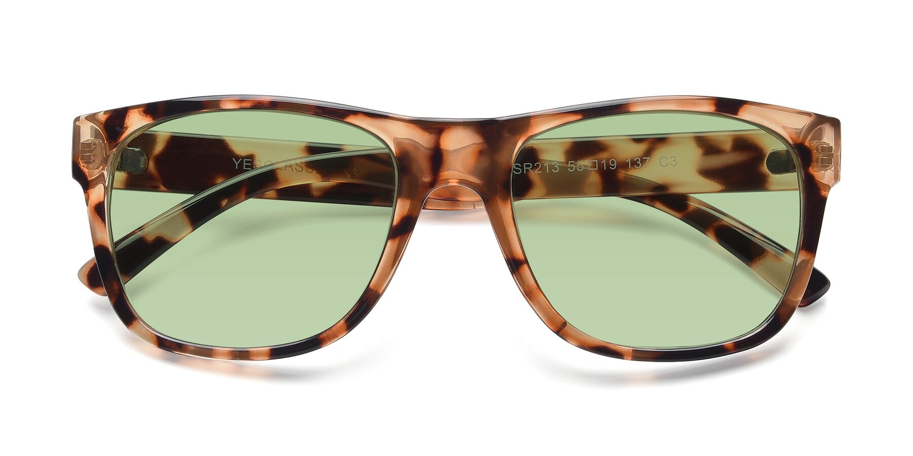 Folded Front of SSR213 in Translucent Tortoise with Medium Green Tinted Lenses